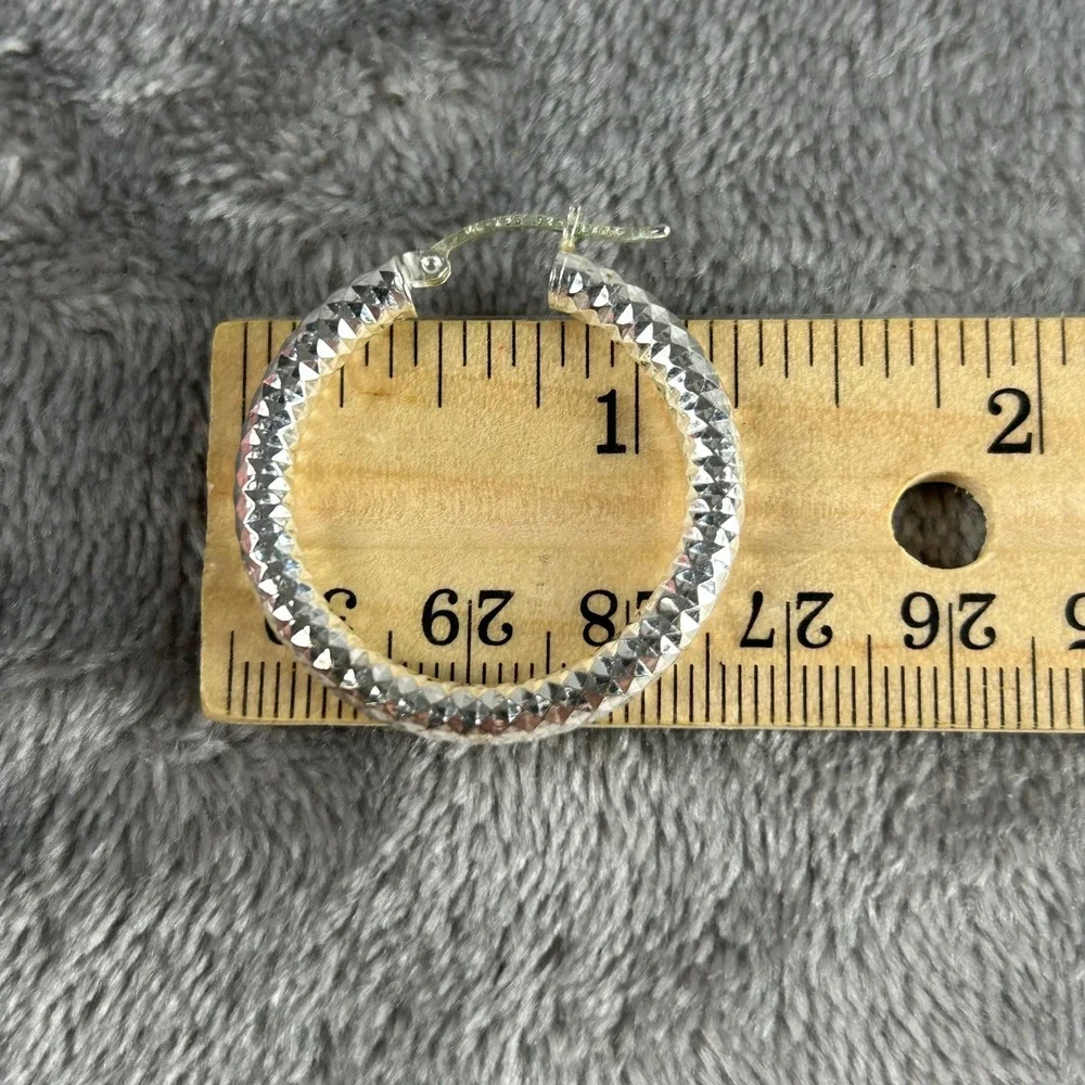 Sterling Silver 925 Mexico Diamond‎ Cut Hoop Earrings 30mm Textured Silver Hoops